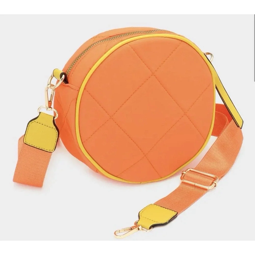 TESSIE Orange Quilted Round Crossbody Bag Yellow Trim Gold Hardware Adj Straps‎